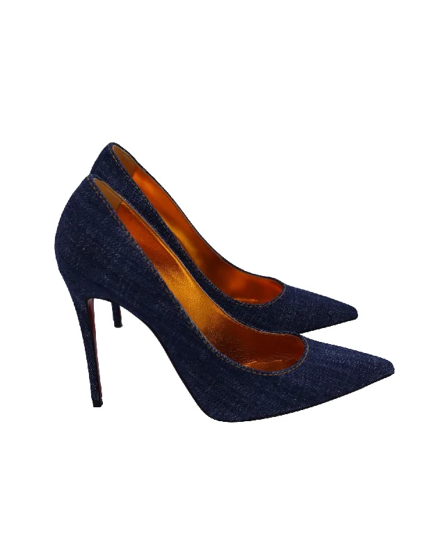 High-Heel Denim Pumps with Red Soles---Chic Denim Fabric Heels for a Unique Look