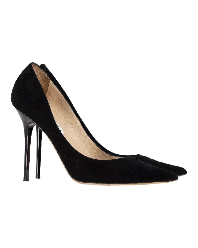 Affordable Suede Ankle Pumps for All-Day Wear--Sophisticated Black Suede Pointed Toe Pumps with 110mm Heel.