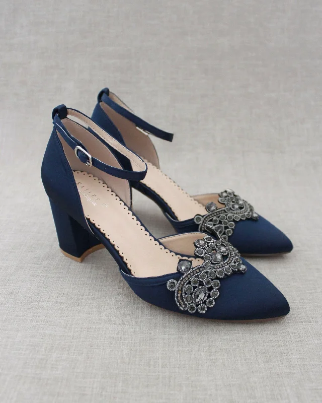 Trendy Chunky Heel Pumps for Casual Wear--Evening Block Heel with Rhinestones Detail