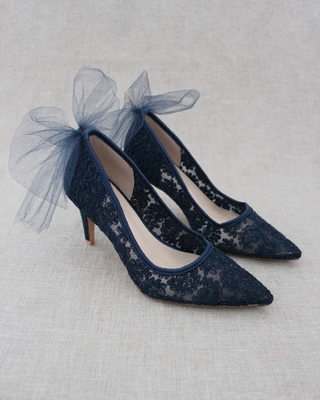 Lace Evening Shoes with Tulle Back Bow---Elegant Evening Heels for Weddings and Parties