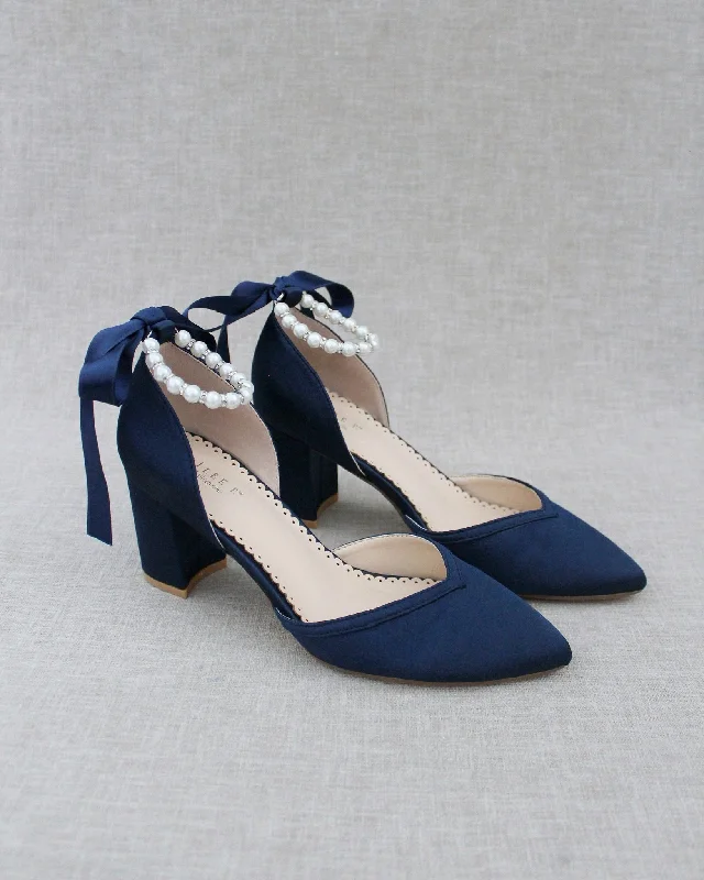 Stylish Ankle Strap Heels for Women--Pearl Ankle Strap Evening Block Heel