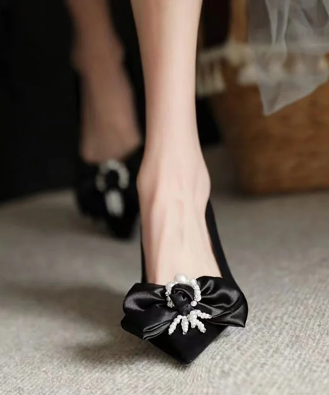 Affordable Suede Ankle Pumps for All-Day Wear--New Black Classy Beaded Bow Suede High Heels