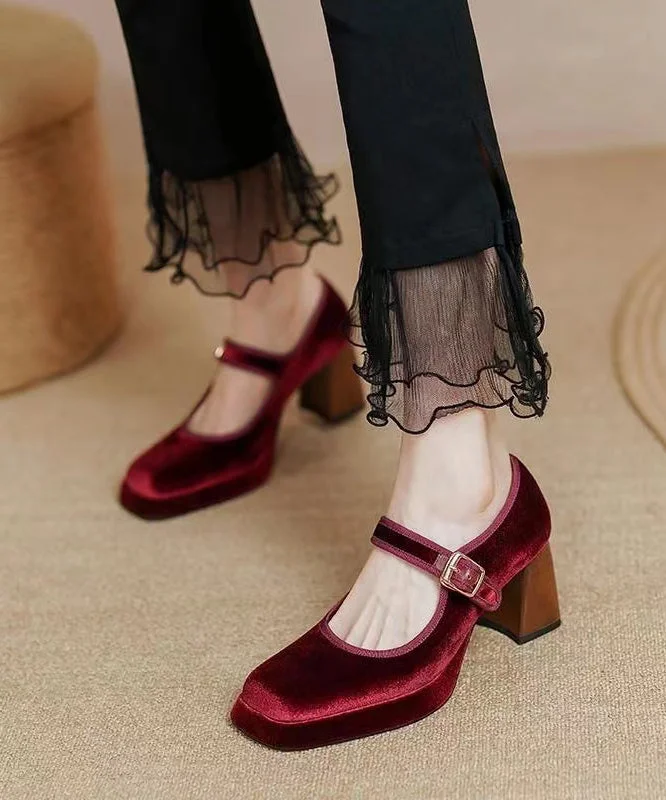 Versatile Dress Heels for Formal and Casual Wear---New Boutique Wine Red One Line Buckle Velour High Heels