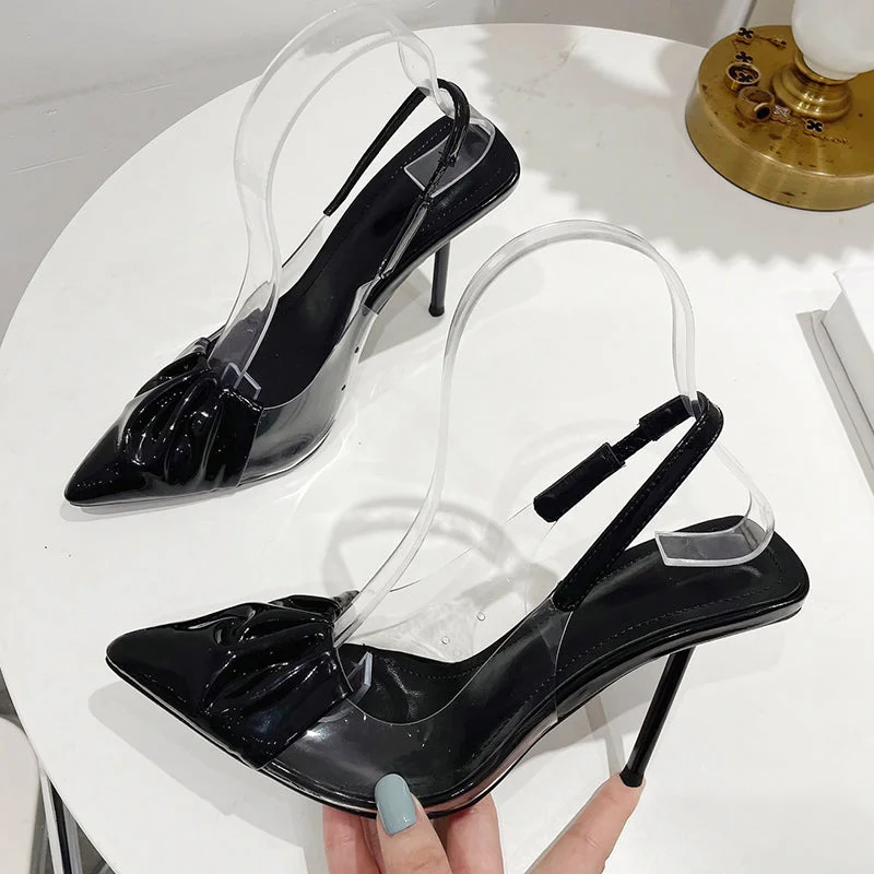 Sleek and Shiny Patent Pump Heels for a Polished Look--New PVC Black Patent Leather Pointed Toe 2023 Spring Autumn Pleated High Heel Pumps Ankle Elastic Band Slip-On Women Shoes