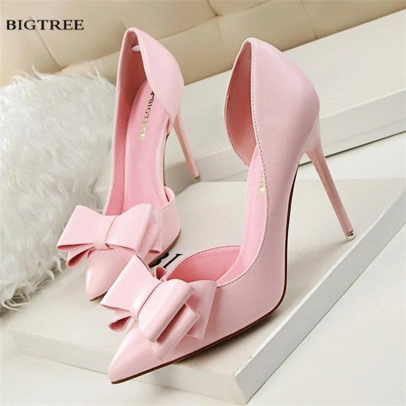 New Spring Autumn Women Elegant Pumps Sweet Bow High-heeled Shoes Thin Pink High Heel Shoes Hollow Pointed Heels---Charming Bow Pumps for a Cute and Stylish Look