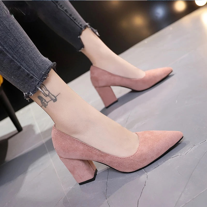 Versatile Dress Heels for Formal and Casual Wear---Women Pumps Flock Sweet Thick High Heels Female Office Pointed