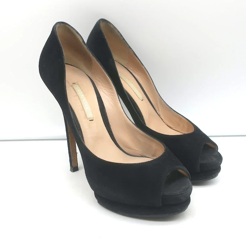 Trendy Peep Toe Platform Heels Crafted from Genuine Leather--Nicholas Kirkwood Peep Toe Platform Pumps Black Suede Size 38