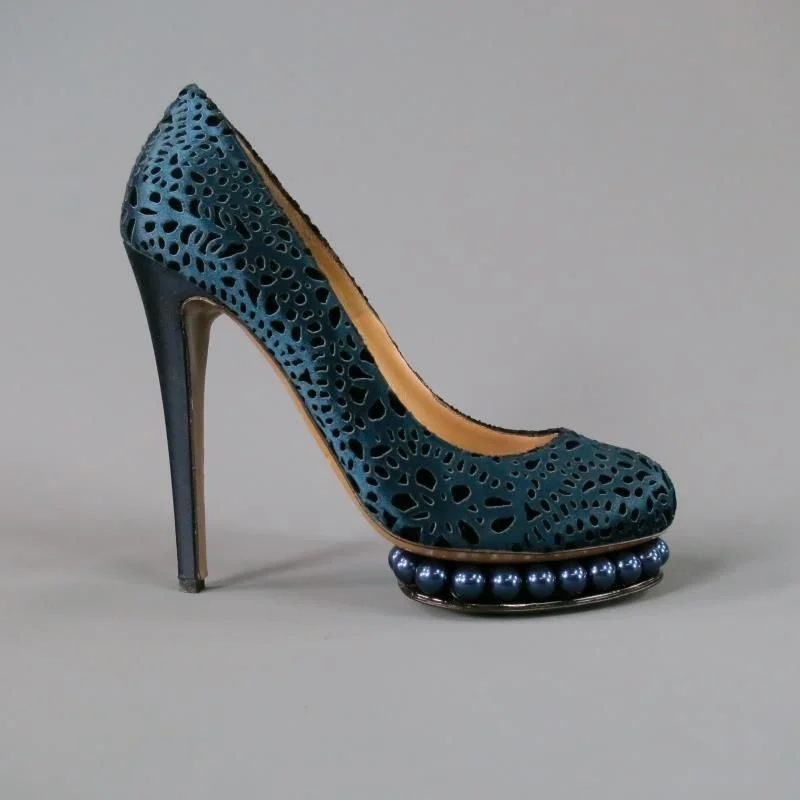 Stylish Platform Heels for Extra Height--NICHOLAS KIRKWOOD Size 9 Navy Silk Cut Out Platform Pumps