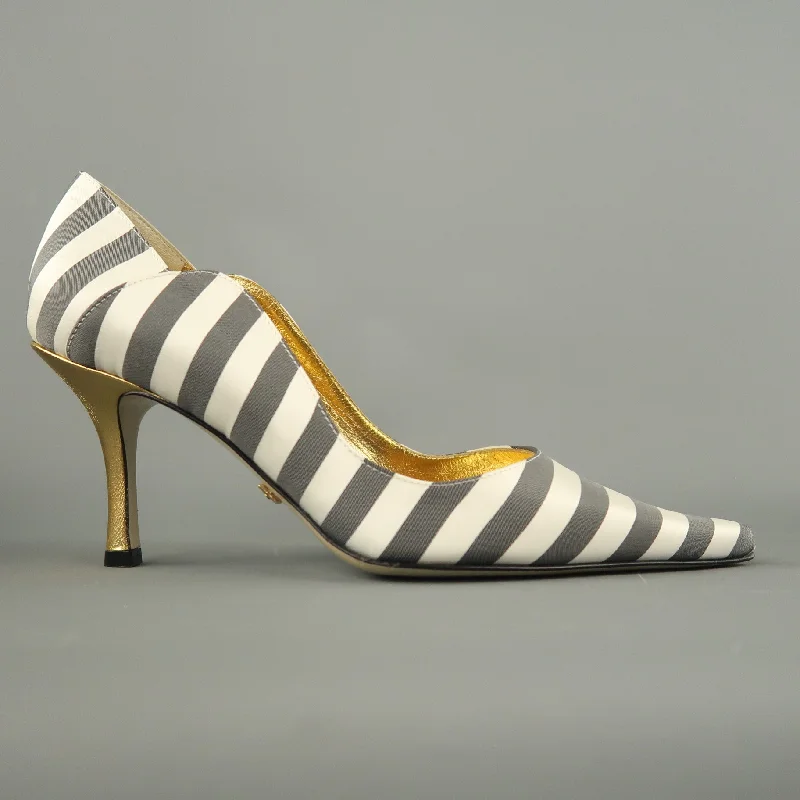 NICOLE MILLER Size 7 White & Gray Striped Satin Gold Heels ESTELLE PumpsAffordable Satin Heels with a Luxe Touch