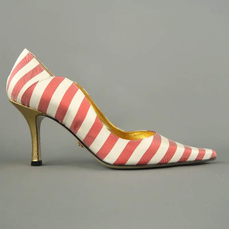 NICOLE MILLER Size 7 White & Red Striped Satin Hold Heels ESTELLE PumpsAffordable Satin Heels with a Luxe Touch