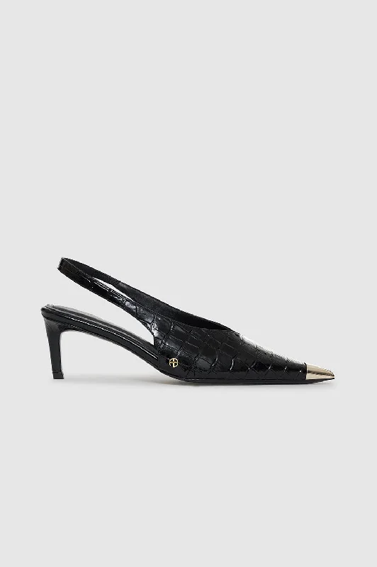 Stiletto Heel Pumps with Perfect Fit--Nina Heels With Metal Toe Cap - Black Embossed-Fashionable & Classic