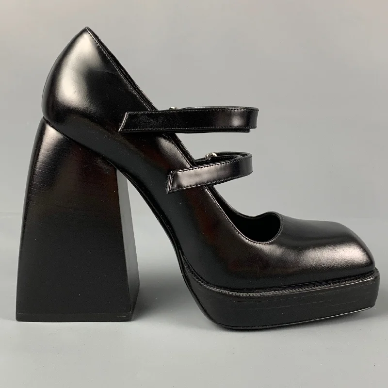 NODALETO Size 7 Black Leather Chunky Heel Platform Pumps---Comfortable Leather Pumps for Office and Everyday Wear