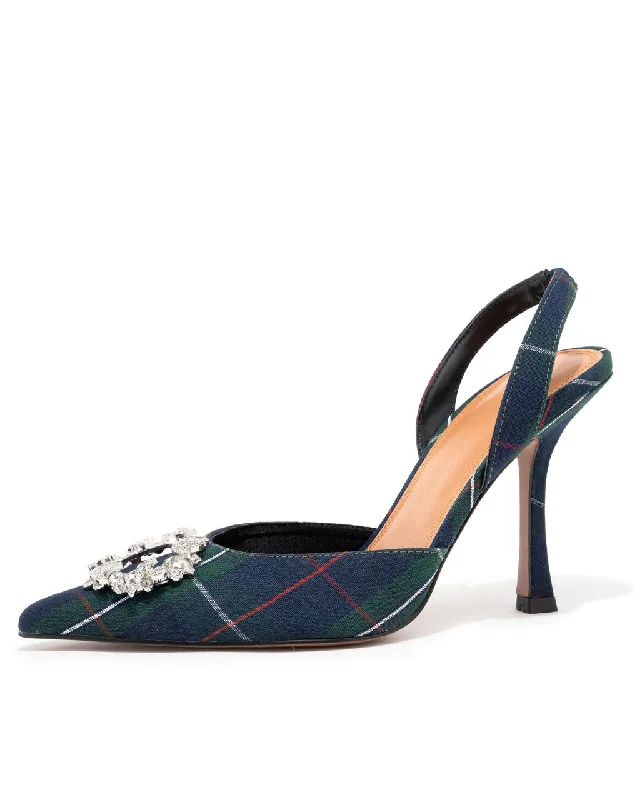 Noella Plaid Embellished Slingback Heel---Chic Embellished Pumps for a Glamorous Look