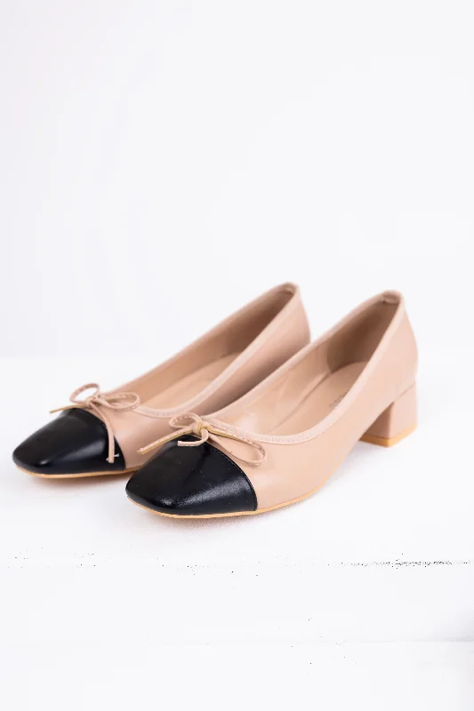 Stiletto Heel Pumps with Perfect Fit--Nude Contrast Toe Low Heel Ballerina Shoes-Fashionable & Classic