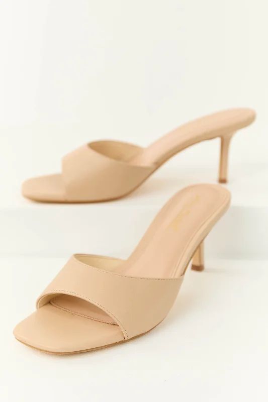 Stylish Open Toe Heels for Summer--Nude Pleather Open Toe Slip On Low Heels