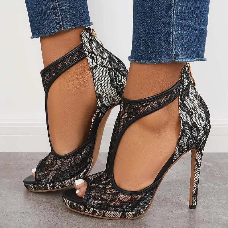 Trendy Peep Toe Platform Heels Crafted from Genuine Leather--Sohiwoo Platform Peep Toe Cutout High Heels Lace Ankle T-Strap Dress Pumps