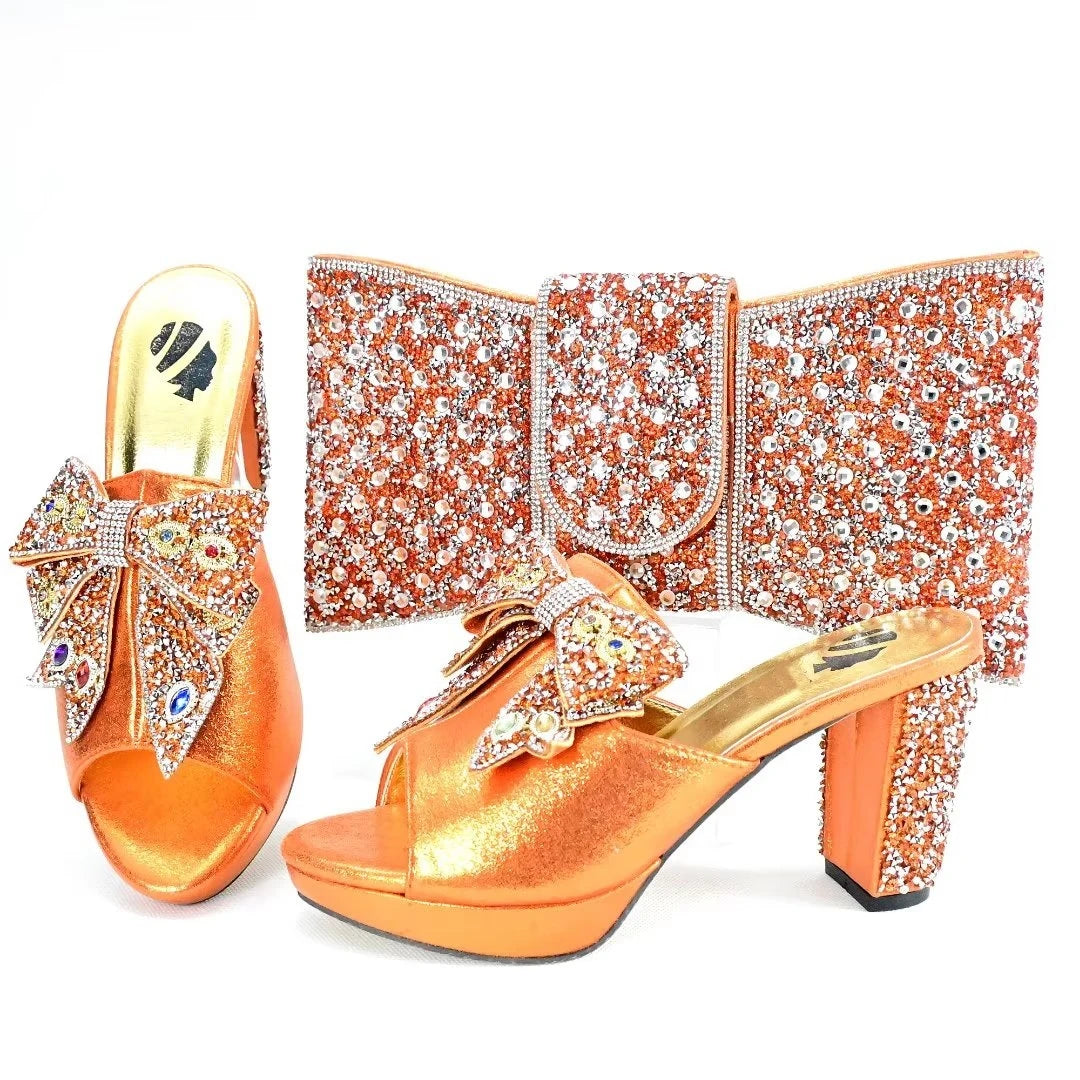 Orange Woman Shoes And Bag Set Luxury African Ladies High Heels Slippers Match