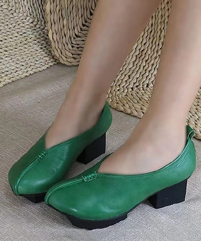 Original Retro Green Shallow Mouth Cowhide Leather Chunky Heel---Comfortable Leather Pumps for Office and Everyday Wear