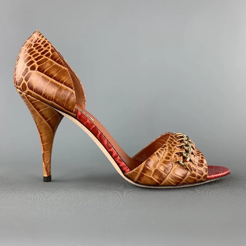 Trendy D'Orsay Pumps for Fashion-Forward Women---OSCAR DE LA RENTA Size 10 Brown Alligator Embossed Leather Chain Strap D'orsay Pumps