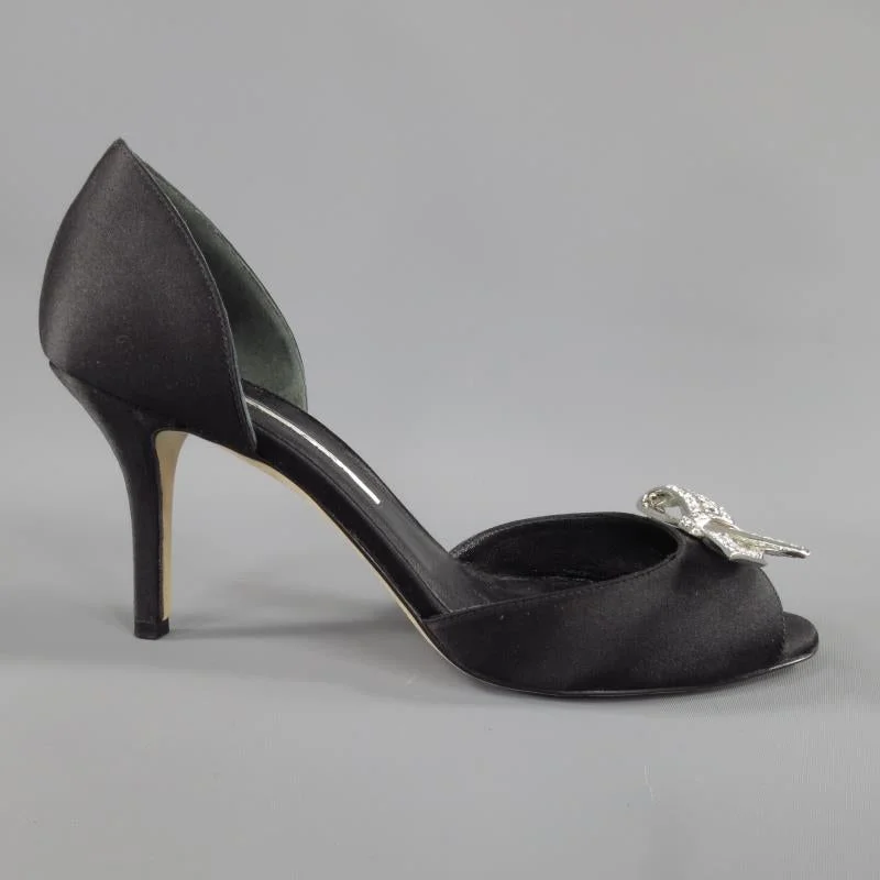 Trendy D'Orsay Pumps for Fashion-Forward Women---OSCAR DE LA RENTA Size 6.5 Black Silk Silver Crystal Bow D'Orsay Pumps