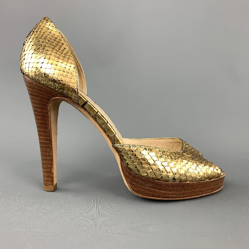 Trendy Peep Toe Platform Heels Crafted from Genuine Leather--OSCAR DE LA RENTA Size 7 Gold Metallic Snake Skin Peep Toe Pumps