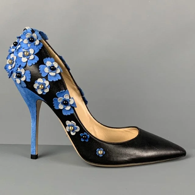 PAUL ANDREW Size 7 Black Blue Leather Floral Applique Pumps---Comfortable Leather Pumps for Office and Everyday Wear