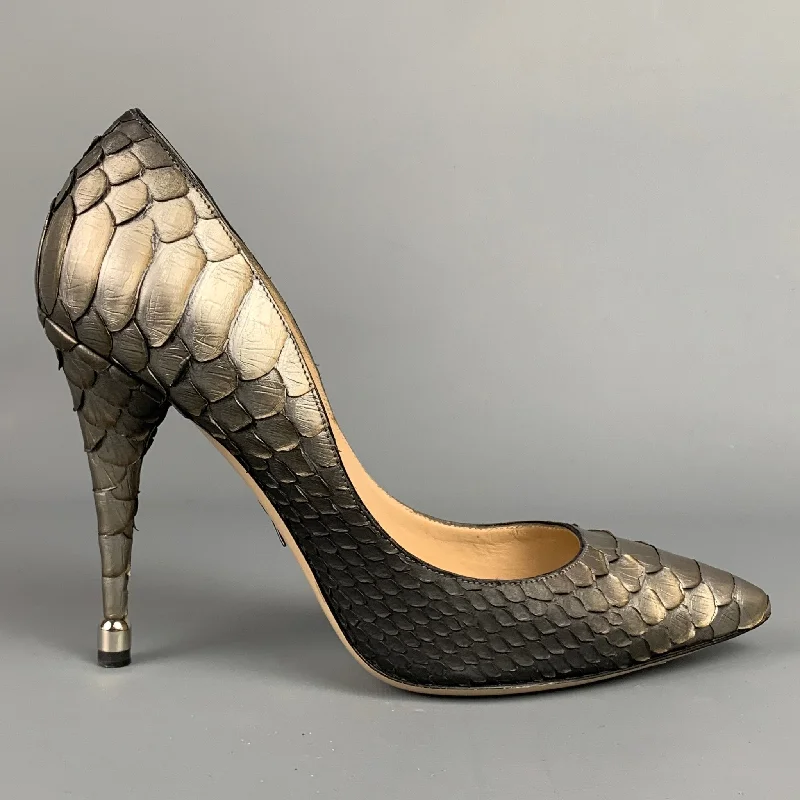 Versatile Heeled Sandals for Any Occasion---PAUL ANDREW Size 8 Silver & Grey Ombre Python Skin Pumps