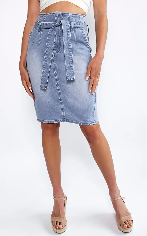Women's denim skirts for layering over tights in fall -Phoebe Denim Skirt- Light Blue Women's denim skirts for layering over tights in fall -Phoebe Denim Skirt- Light Blue