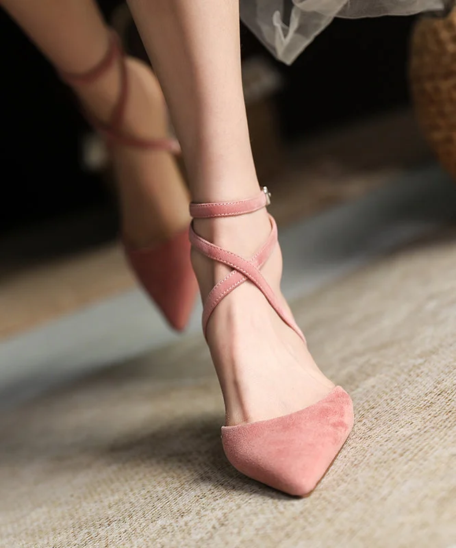 Affordable Suede Ankle Pumps for All-Day Wear--Pink High Heels Suede Pointed Toe Fashion Splicing Buckle Strap