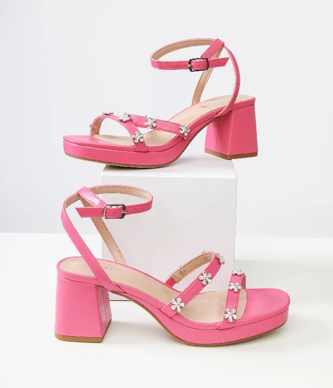 Affordable Rhinestone Pumps for a Dazzling Look---Y2K Pink Leatherette & Rhinestone Floral Platform Heels