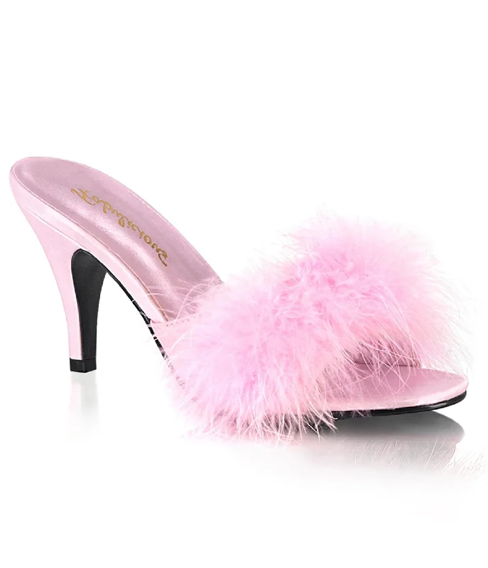 Trendy Peep Toe Platform Heels Crafted from Genuine Leather--Pink Satin & Marabou Feather Peep Toe Amour Heel Slipper