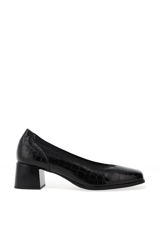 Versatile Dress Heels for Formal and Casual Wear---Pitillos Embossed Block Heeled Pumps, Black