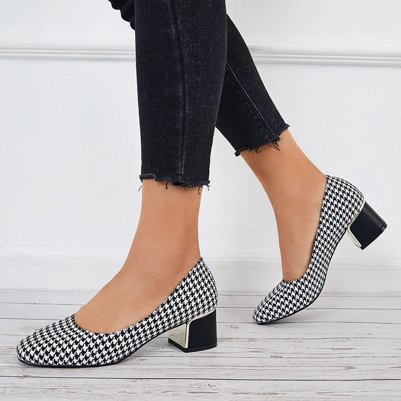 Sohiwoo Women Plaid Chunky Block Low Heel Pumps Square Toe Office Shoes---Durable Square Toe Block Heels for Everyday Use