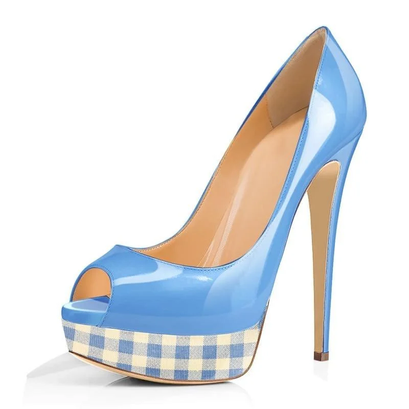 Sleek and Shiny Patent Pump Heels for a Polished Look--Platform Peep Toe Patent Leather Plaid High Heel Pump