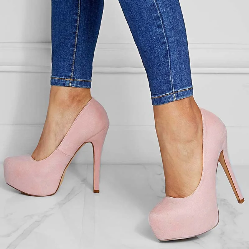 Affordable Suede Ankle Pumps for All-Day Wear--Sohiwoo Women Suede Round Toe Platform Stilettos Slip on High Heel Pumps