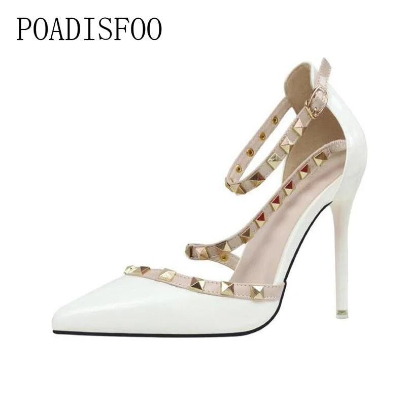 Stylish Ankle Strap Heels for Women--POADISFOO  simple sexy nightclubs high-heeled shallow mouth pointed rivets women's shoes  Ankle Strap High Heel Shoes .ZWM-1138