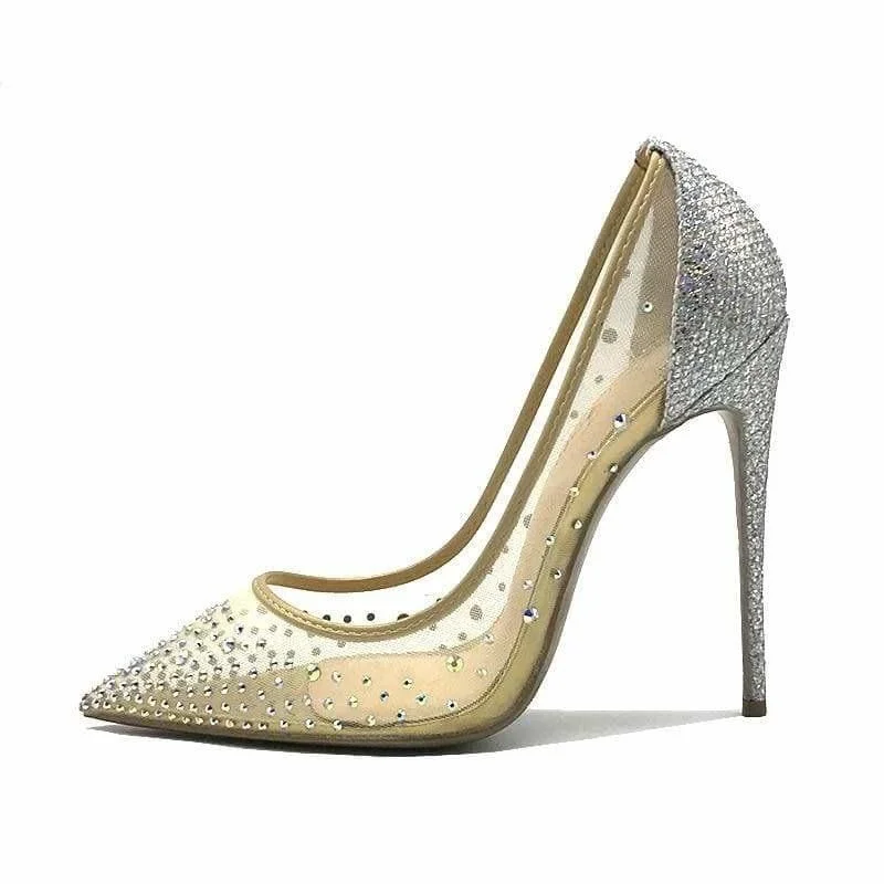 Stiletto Heel Pumps with Perfect Fit--Pointed Toe Heels Crystal Silver High Heels Pumps-Fashionable & Classic