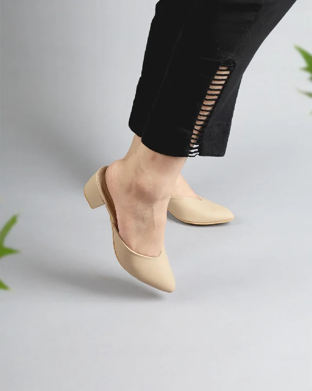 Trendy Chunky Heel Pumps for Casual Wear--Pointy Toe Block Heels - Beige