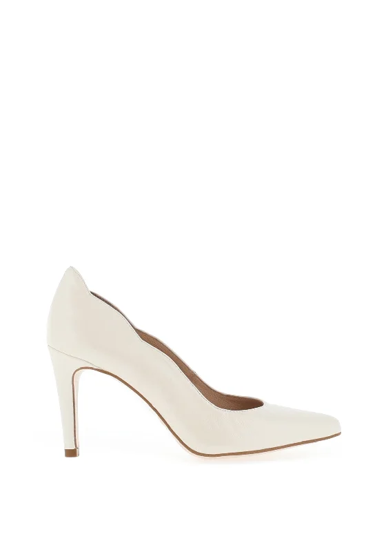 Zany Leather Scalloped Edge Court Shoes, White---Comfortable Leather Pumps for Office and Everyday Wear