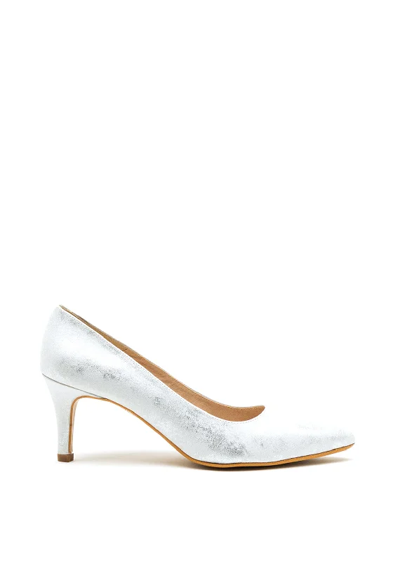 Pomares Leather Shimmer Low Heel Court Shoes, Silver---Comfortable Leather Pumps for Office and Everyday Wear