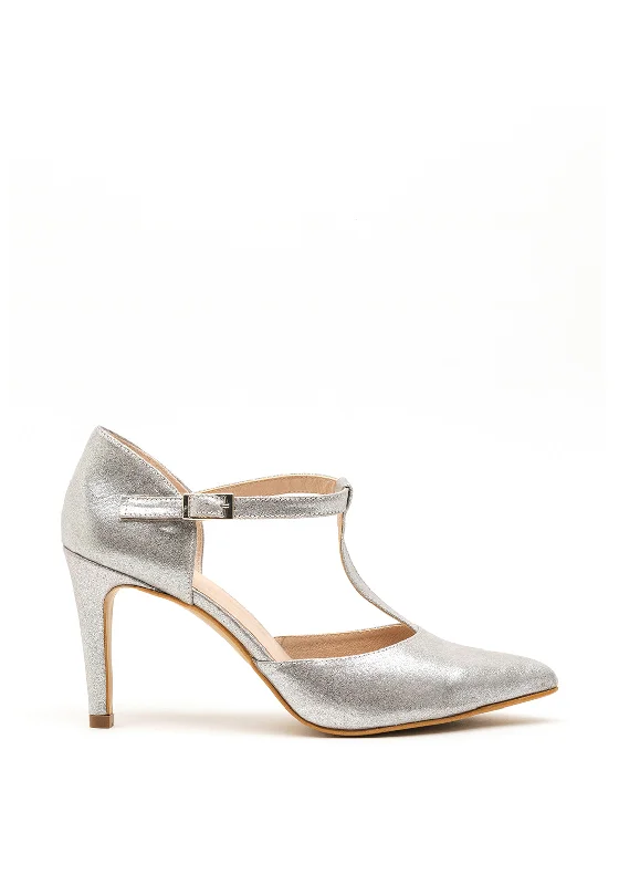 Versatile Heeled Sandals for Any Occasion---Pomares Metallic T-Bar Court Shoes, Silver