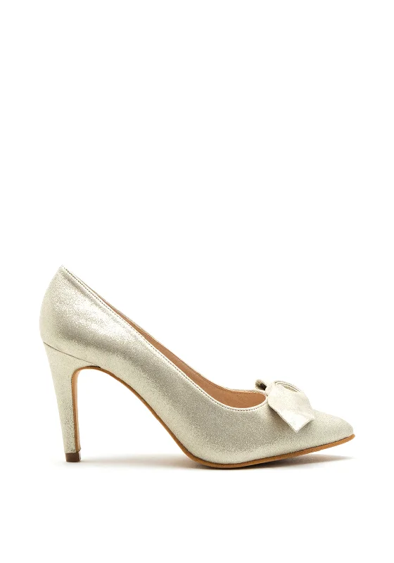 Pomares Modern Bow Shimmer Court Shoe, Gold---Charming Bow Pumps for a Cute and Stylish Look