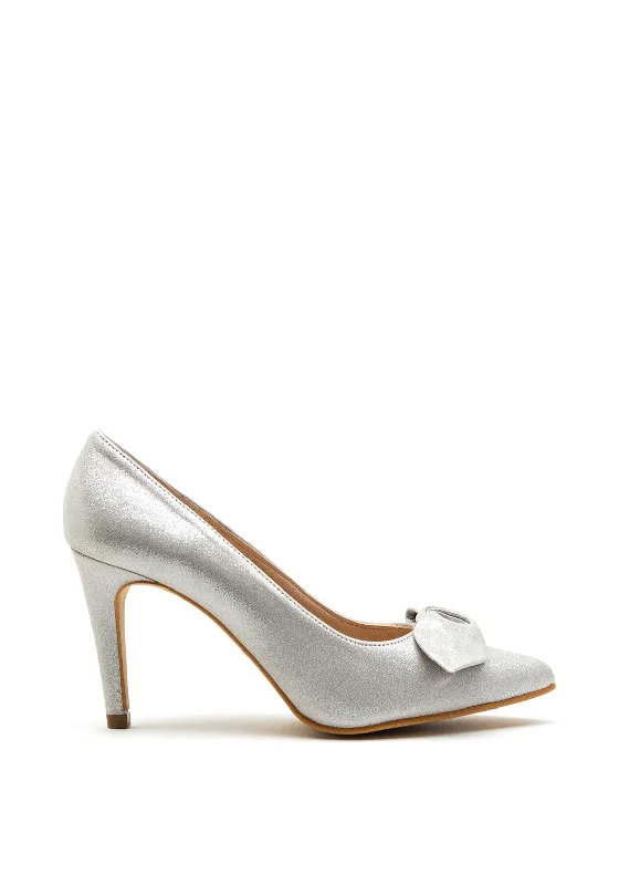 Pomares Modern Bow Shimmer Court Shoe, Silver---Charming Bow Pumps for a Cute and Stylish Look