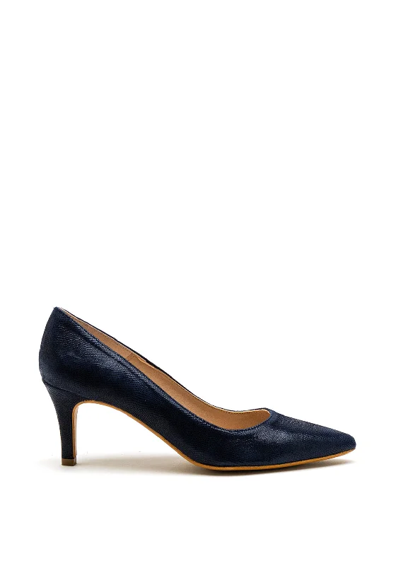 Versatile Heeled Sandals for Any Occasion---Pomares Reptile Metallic Low Heel Court Shoes, Navy