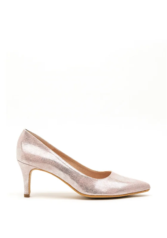 Versatile Heeled Sandals for Any Occasion---Pomares Reptile Metallic Low Heel Court Shoes, Pink