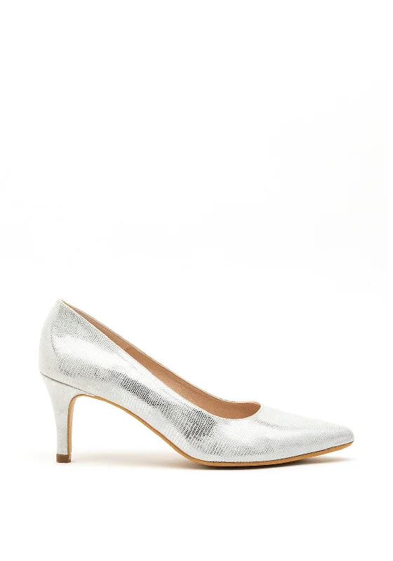 Versatile Heeled Sandals for Any Occasion---Pomares Reptile Metallic Low Heel Court Shoes, Silver