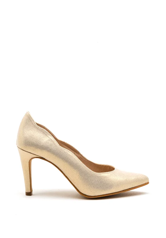 Versatile Heeled Sandals for Any Occasion---Pomares Scallop Edging Court Shoe, Gold Shimmer