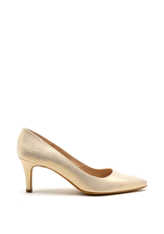 Versatile Heeled Sandals for Any Occasion---Pomares Shimmer Metallic Low Heel Court Shoes, Gold