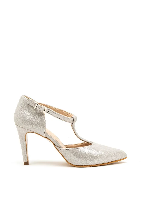 Versatile Heeled Sandals for Any Occasion---Pomares Shimmer T-Bar Court Shoes, Silver