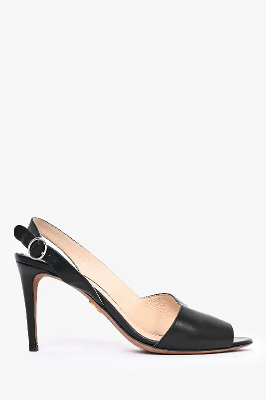 Fashionable Leather Slingback Pumps for Casual Wear--Prada Black Leather Slingback Peep-Toe Heels Size 38.5 (As Is)